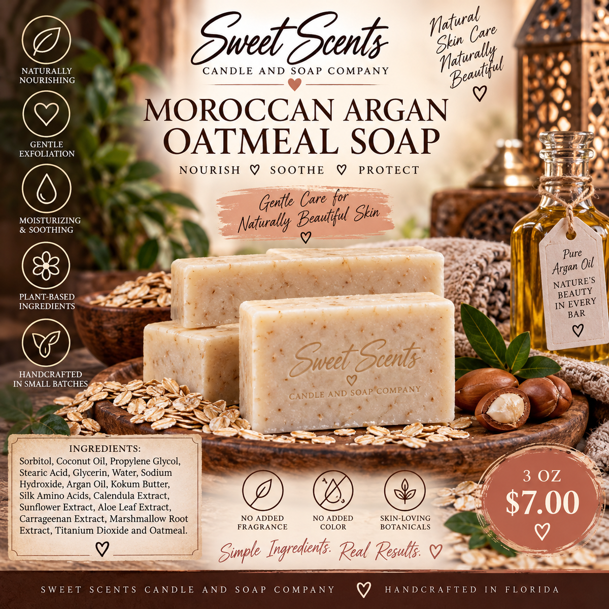 Moroccan Argan Oatmeal Soap, unscented, no added color, 3 oz, $7.00