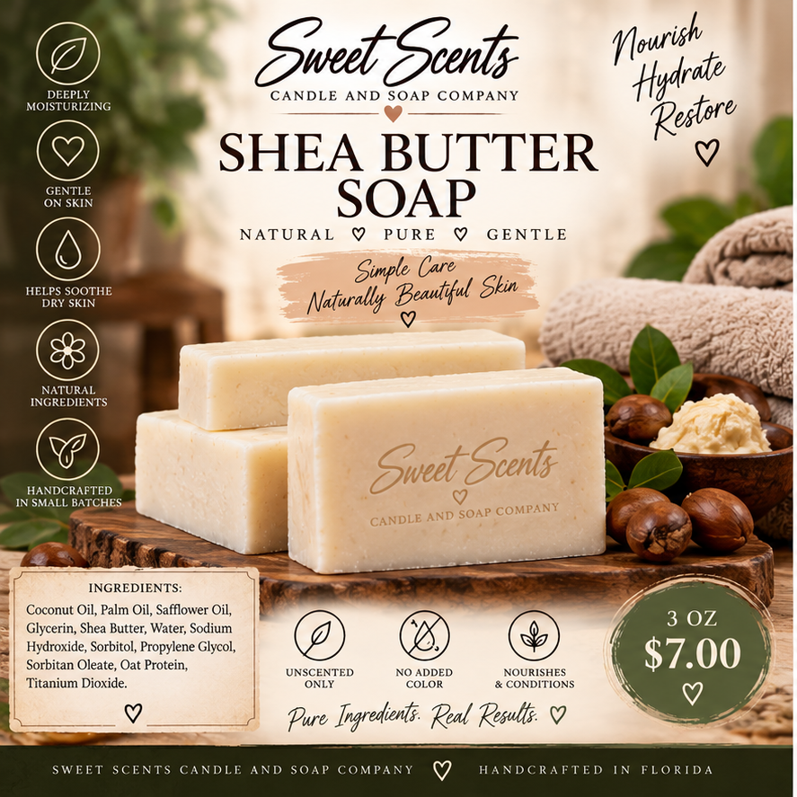 Natural unscented Shea Butter Soap, 3 oz, $7.00