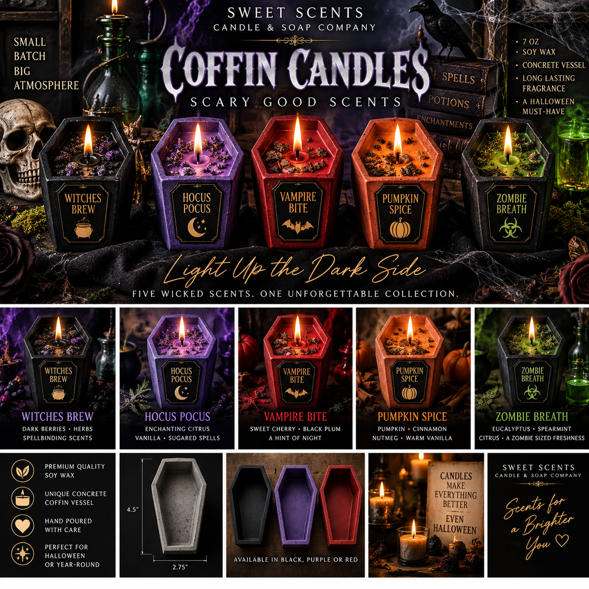 Sweet Scents Coffin Candles in black, purple, and red concrete coffin-shaped vessels, available in five Halloween scents
