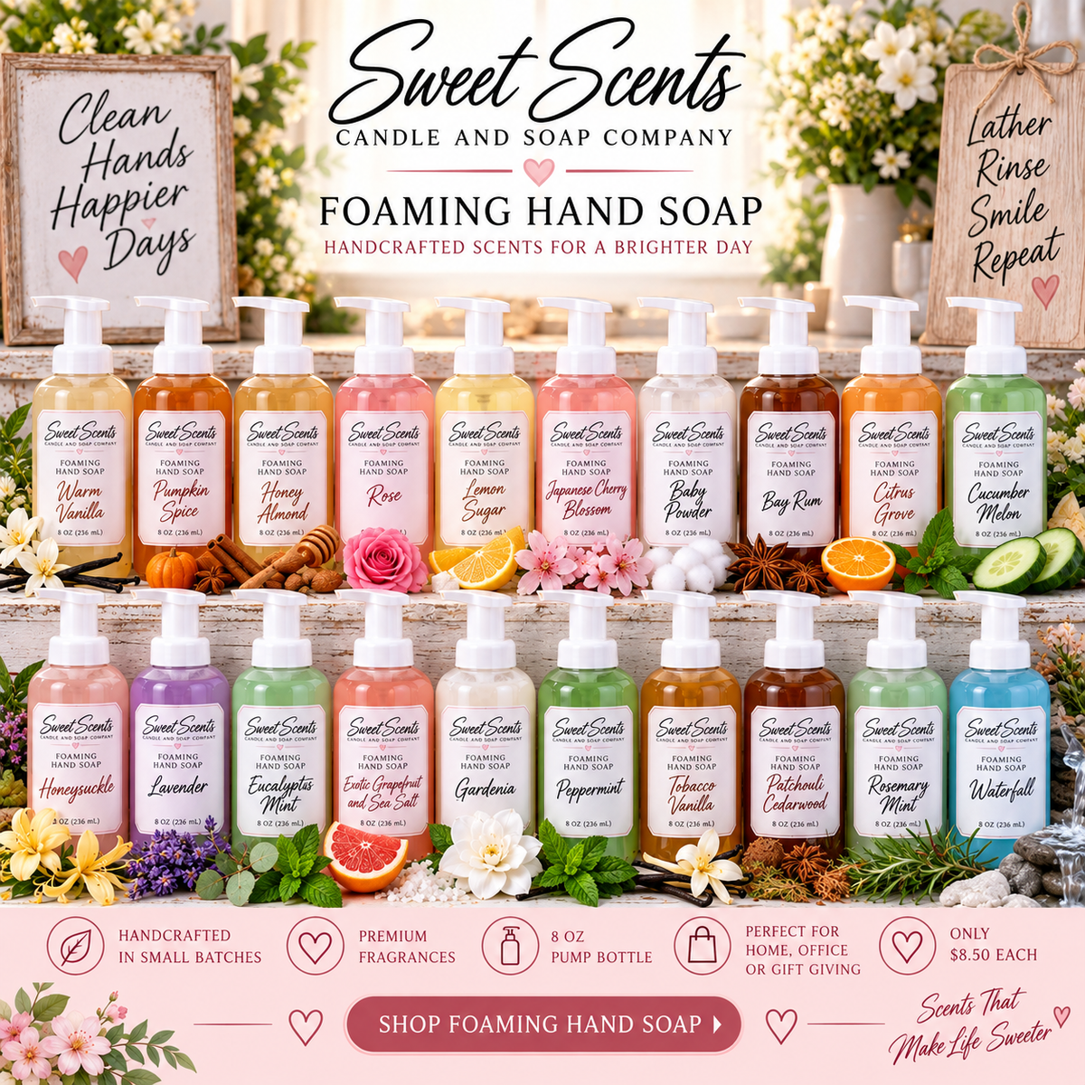 Sweet Scents foaming hand soaps in assorted fragrances, displayed in 8 oz pump bottles