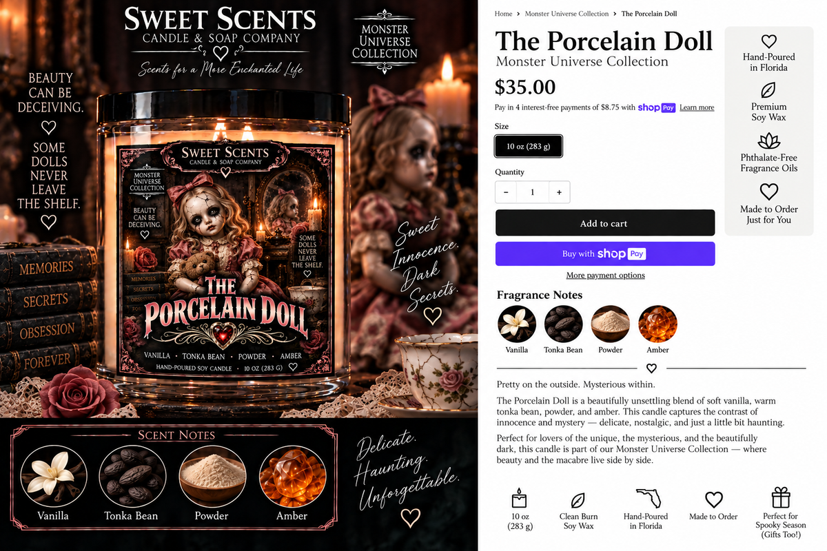 The Porcelain Doll Monster Universe Halloween candle advertisement