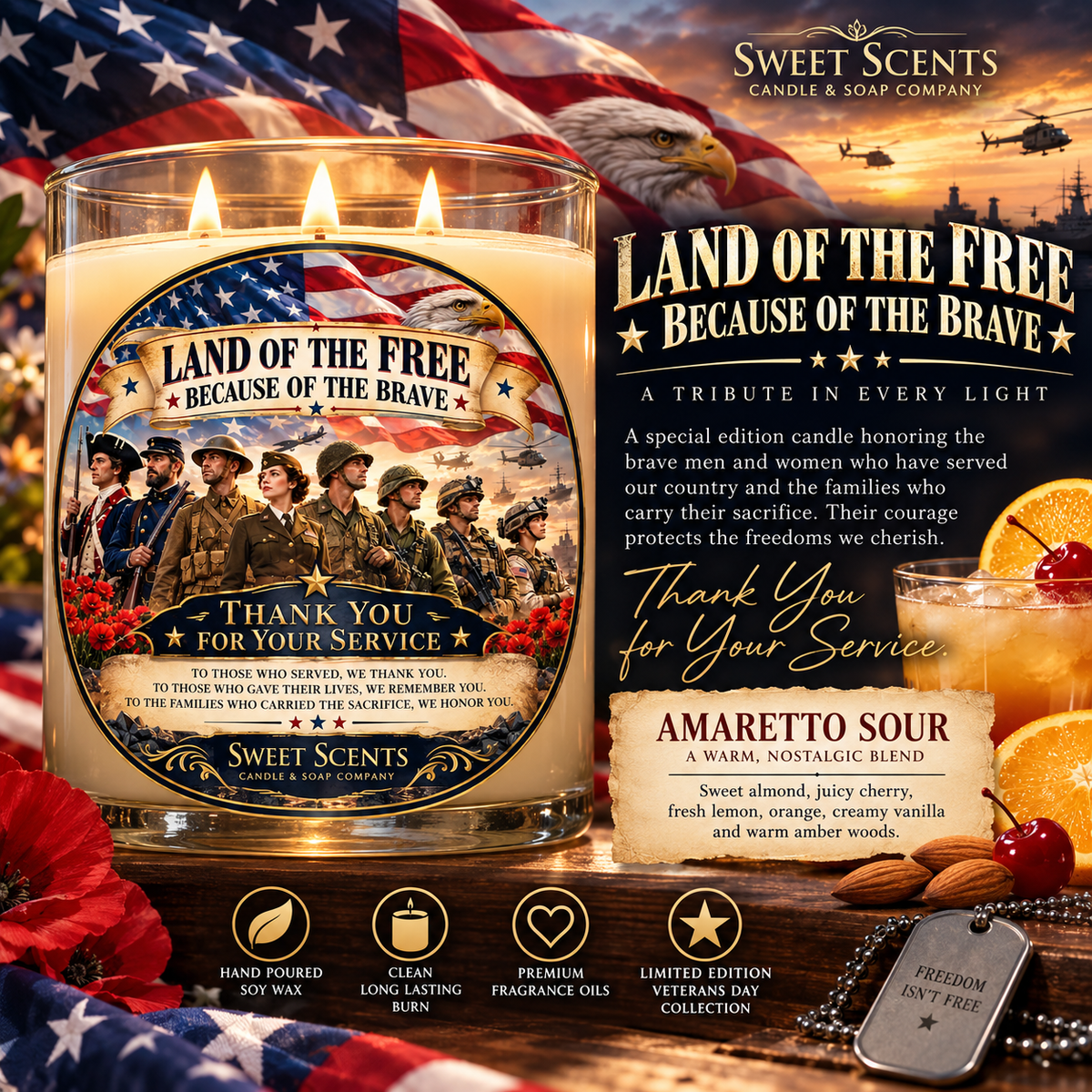 Land of the Free Because of the Brave — Premium Veterans Tribute Candle
