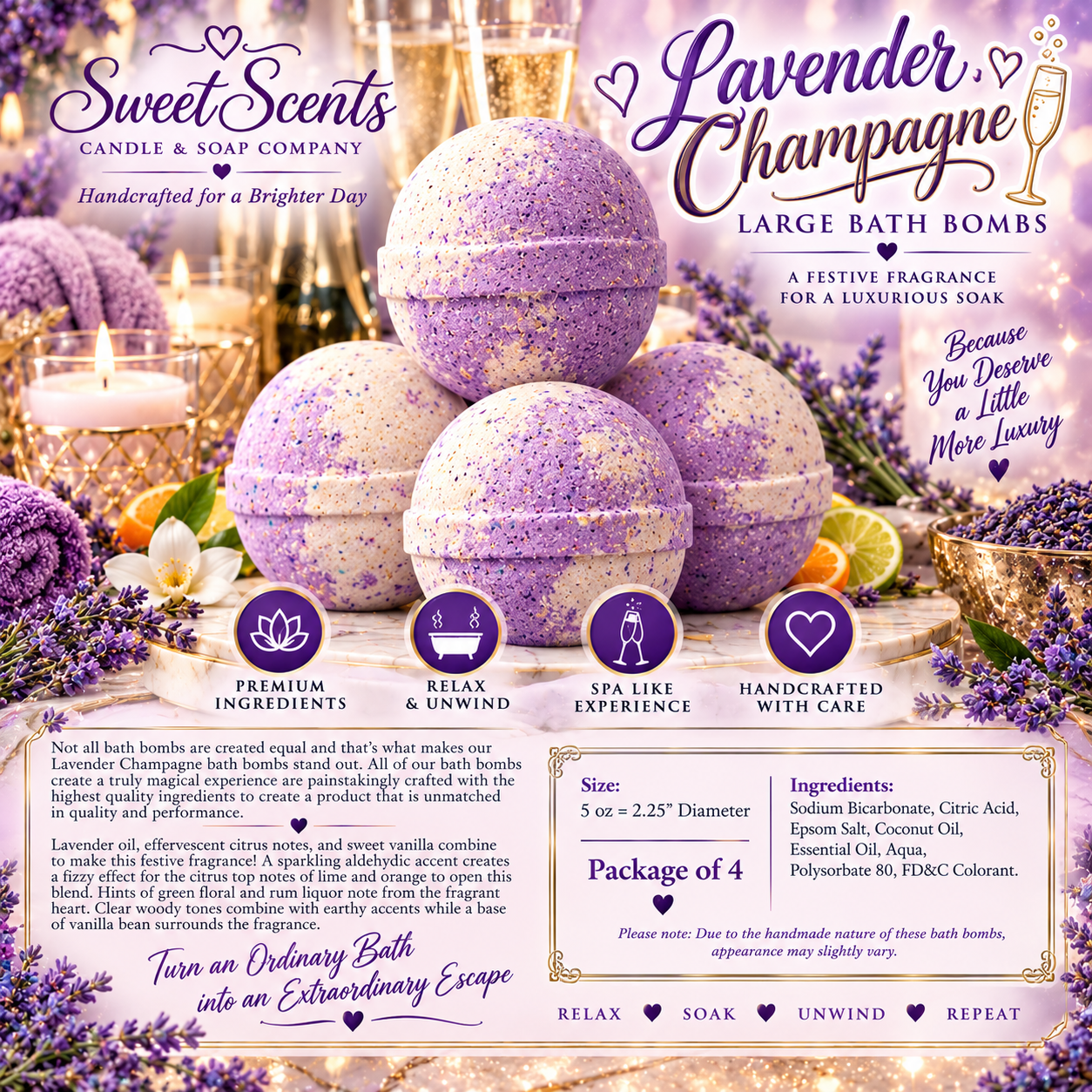 Lavender Champagne Large Bath Bombs