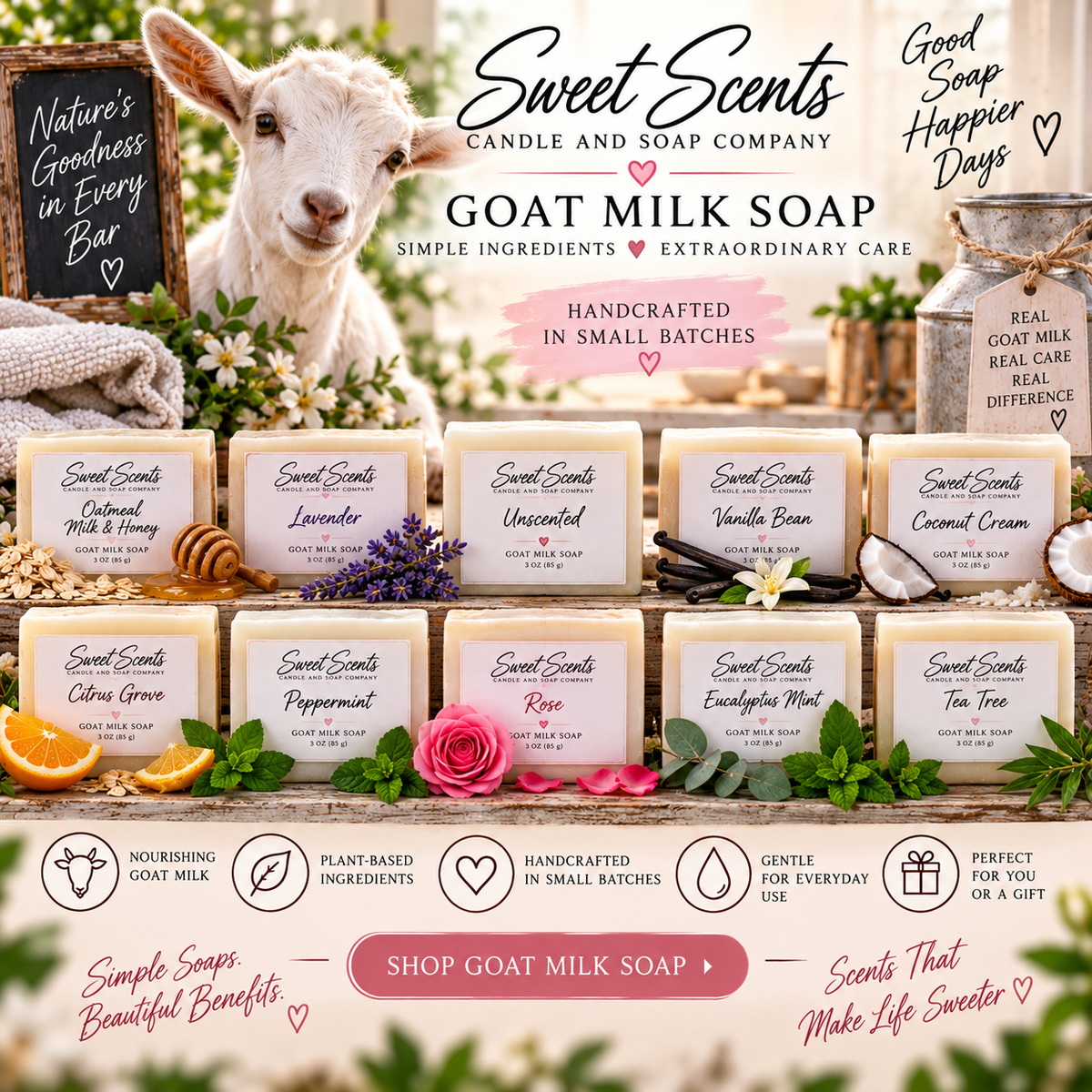 Sweet Scents Goat Milk Soap 3 oz rectangular soap bars in natural creamy colors with a goat and handcrafted soap branding