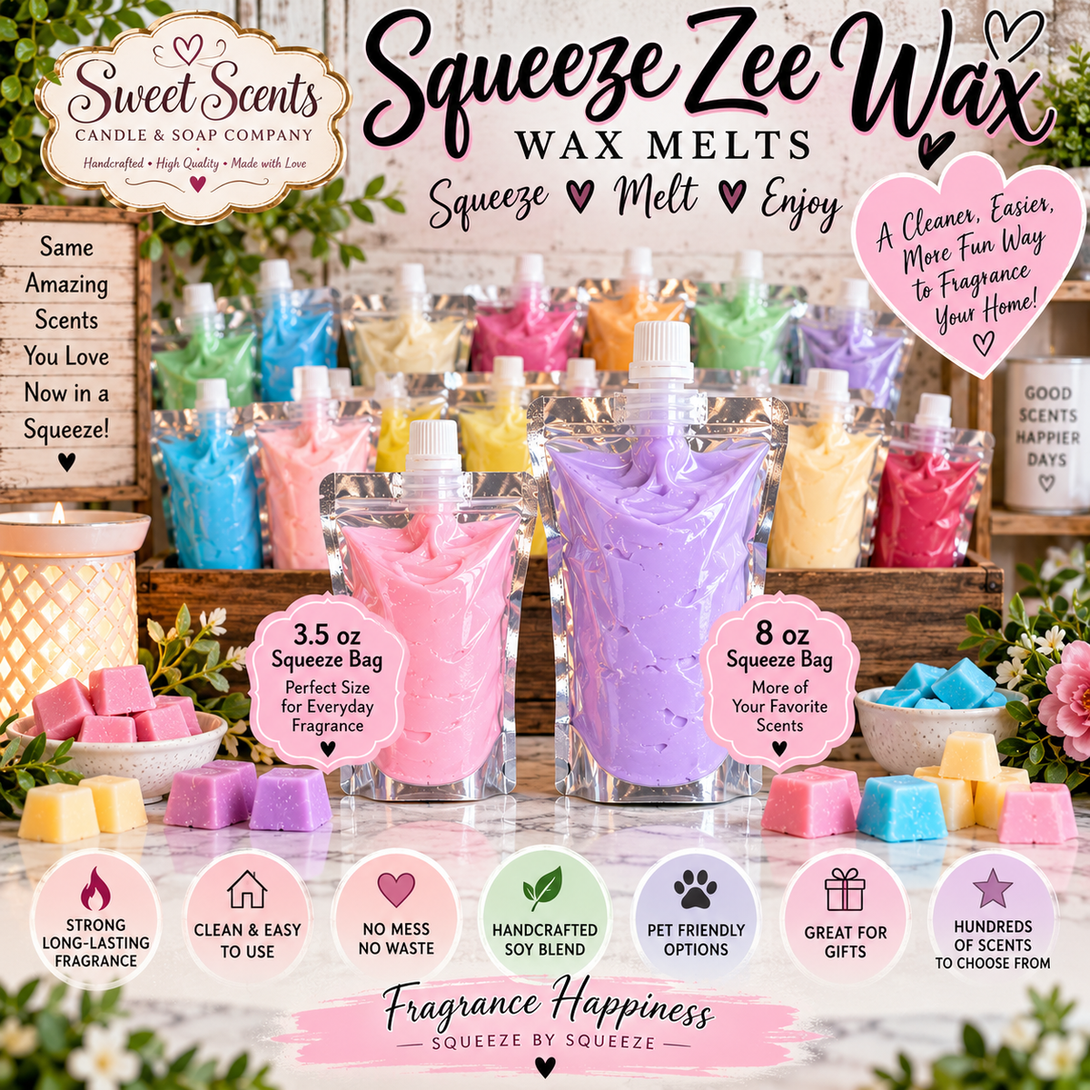 Squeeze Zee Wax colorful squeeze bags in 3.5 oz and 8 oz sizes