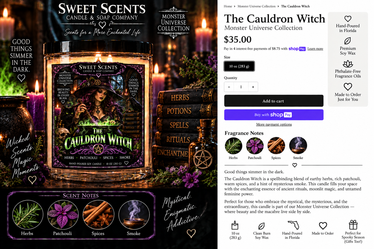 The Cauldron Witch Monster Universe Halloween candle advertisement