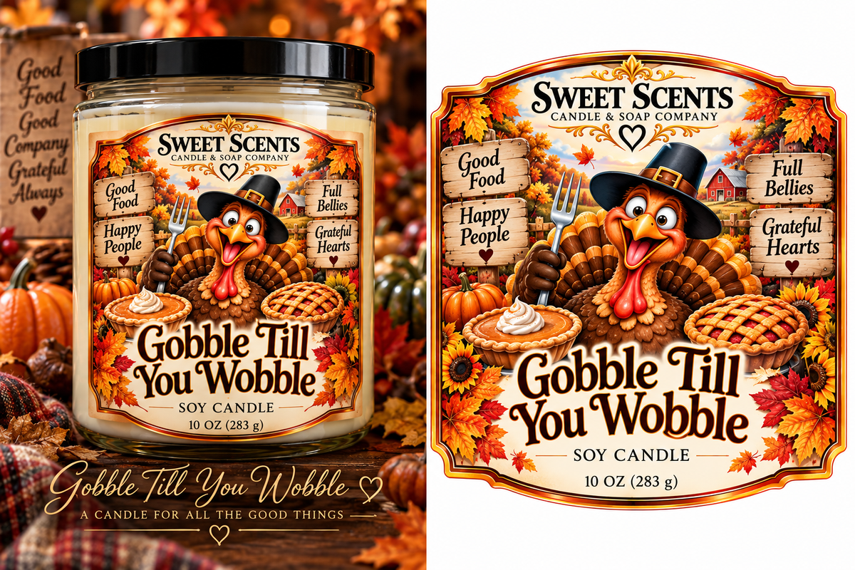 Gobble Till You Wobble Thanksgiving candle graphic and label