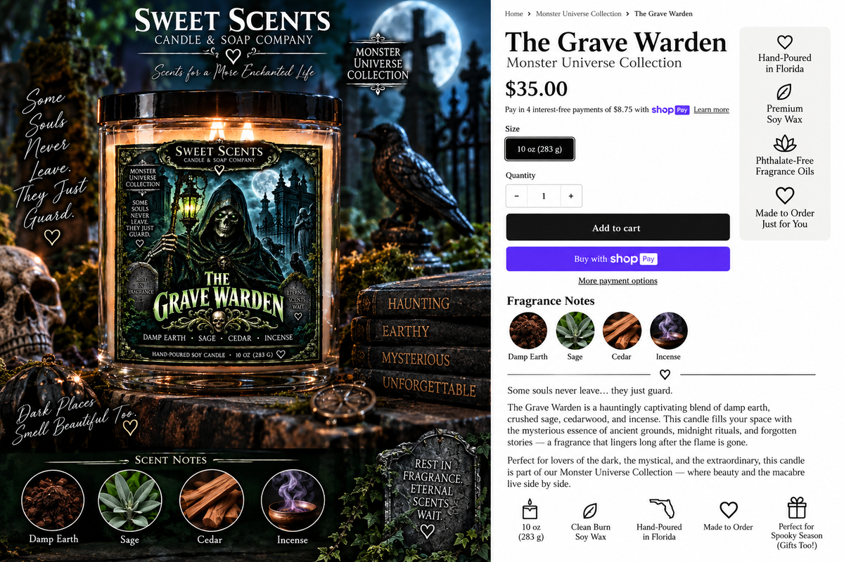 The Grave Warden Monster Universe Halloween candle advertisement