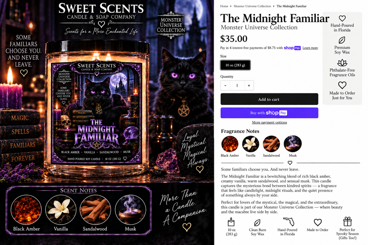 The Midnight Familiar Monster Universe Halloween candle advertisement