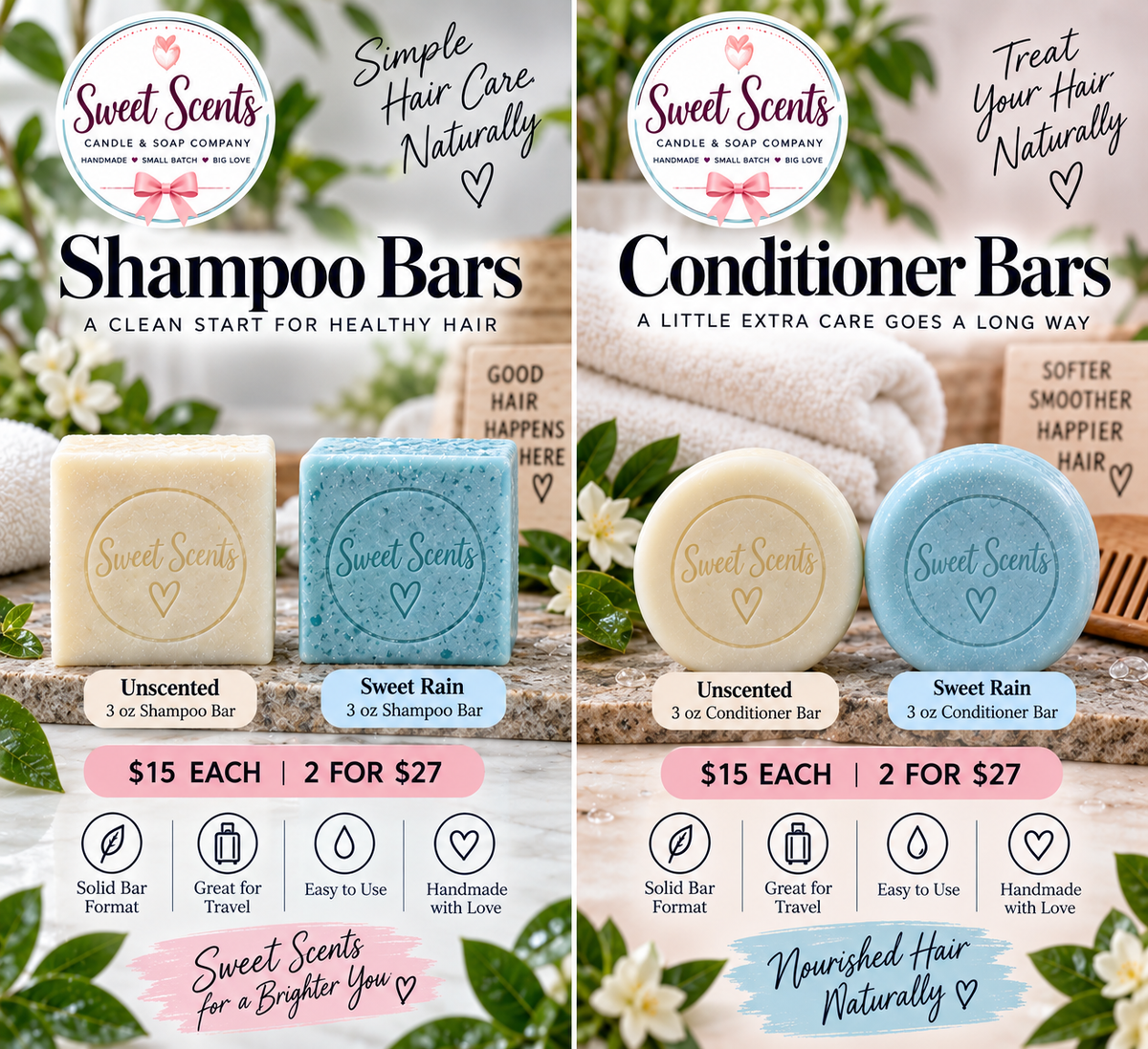 Sweet Scents round conditioner bars in Unscented and Sweet Rain, $15 each or 2 for $27