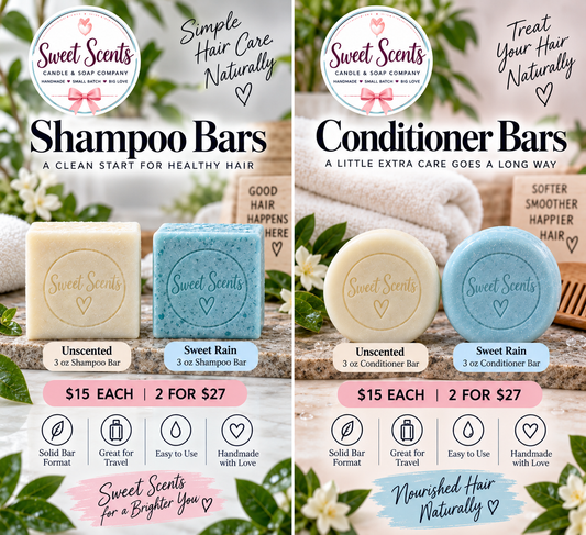 Sweet Scents round conditioner bars in Unscented and Sweet Rain, $15 each or 2 for $27