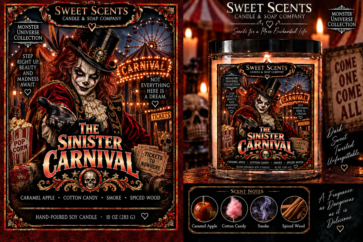 The Sinister Carnival Monster Universe Halloween candle advertisement