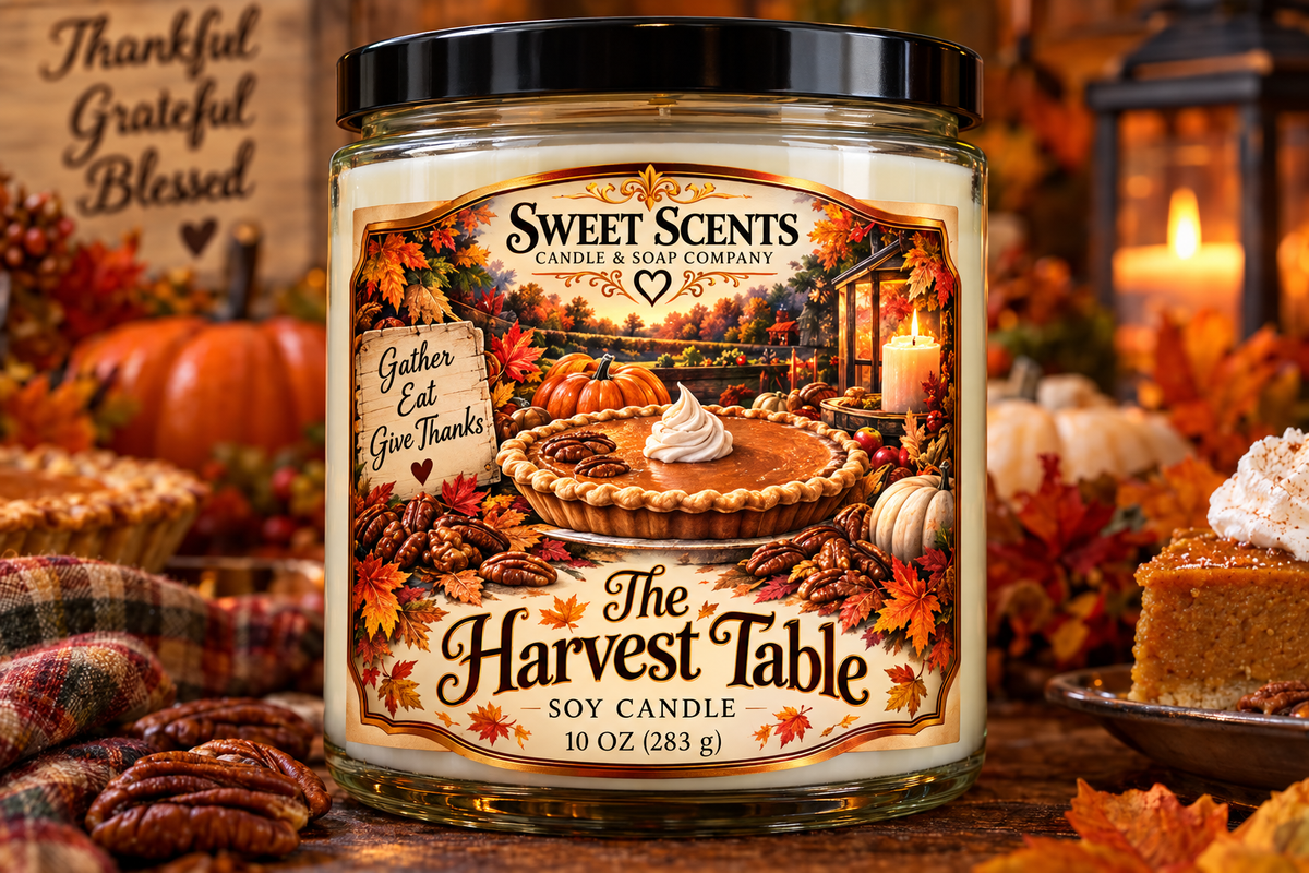 The Harvest Table Thanksgiving candle graphic and label