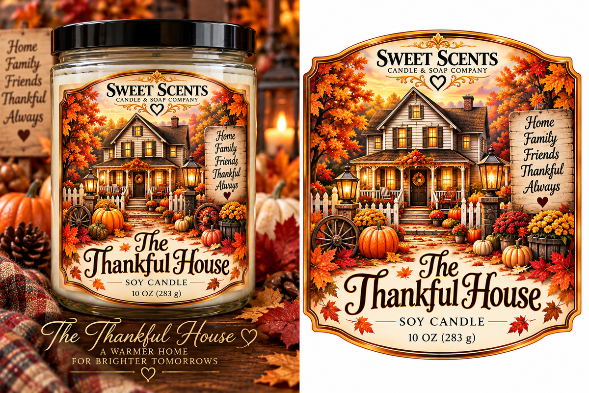 The Thankful House Thanksgiving candle graphic and label