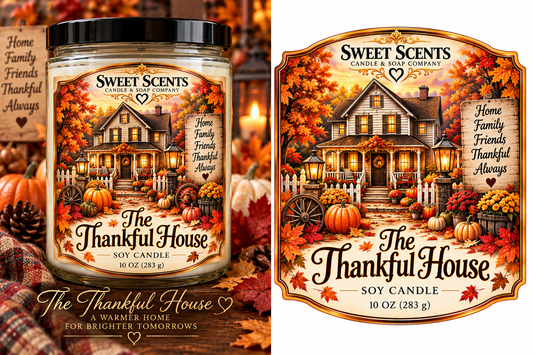 The Thankful House Thanksgiving candle graphic and label